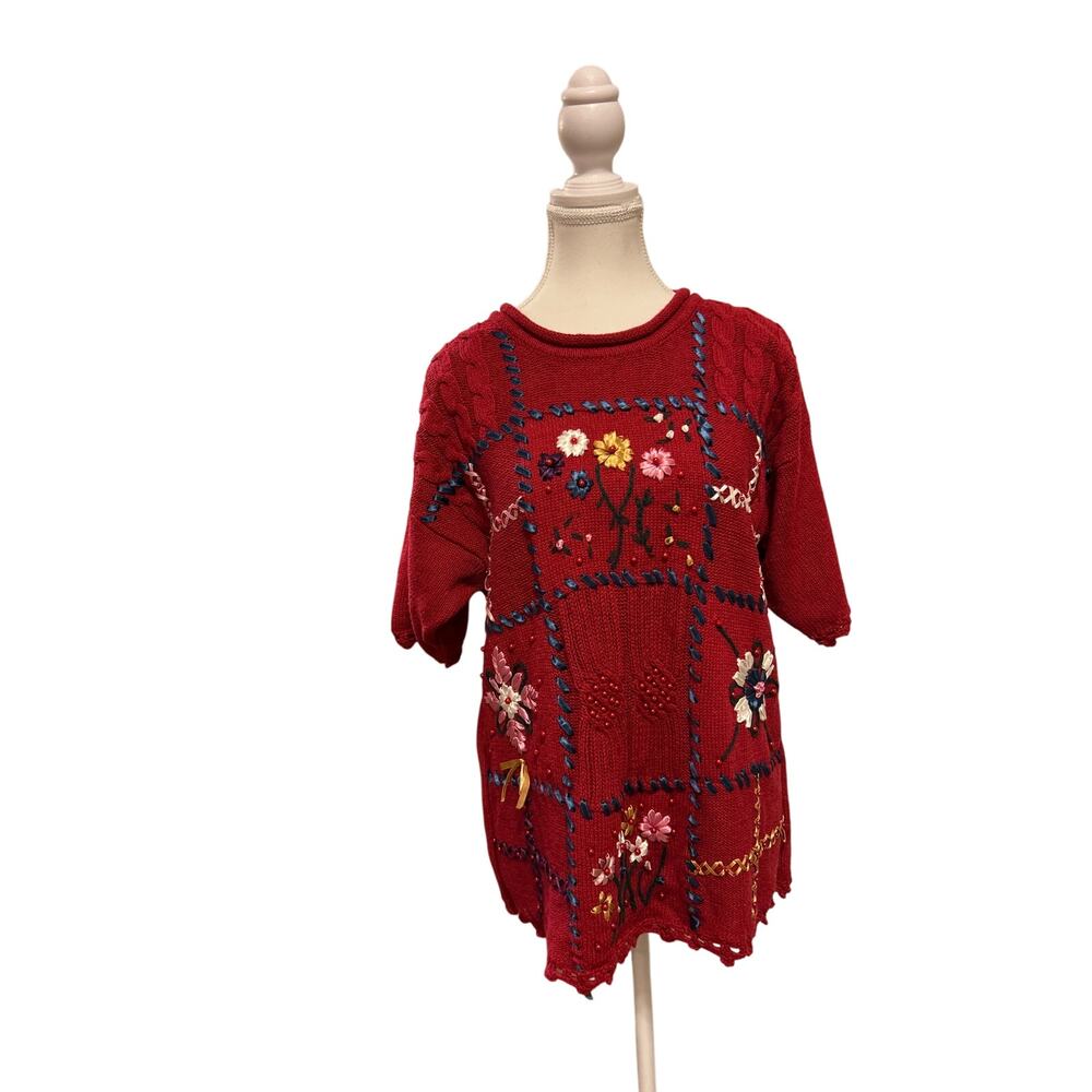 Shenanigans | Vintage Floral Ribbon Knit Short Sleeve Sweater | Large